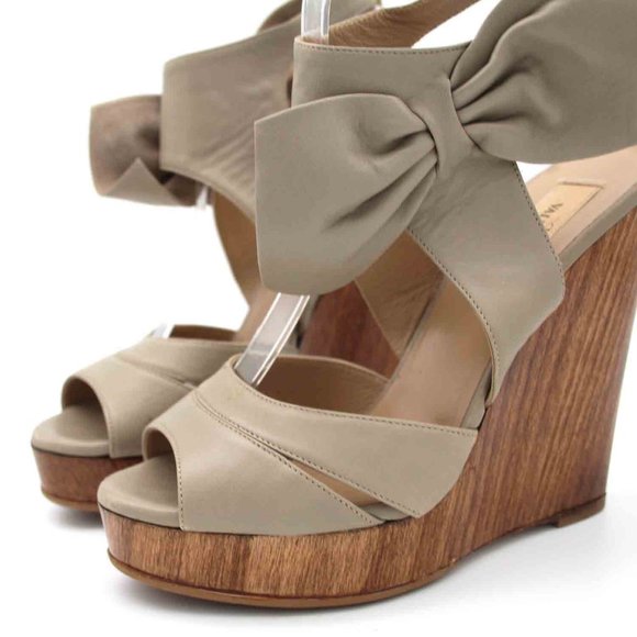Valentino Garavani Grey Leather Bow Peep Toe Wooden Wedge Platform Sandal 37 - Picture 3 of 7